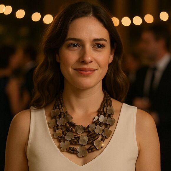 Statement Necklace Brown Beads Floral Shapes Lobster Claw Closure 10 in drop - Picture 2 of 10